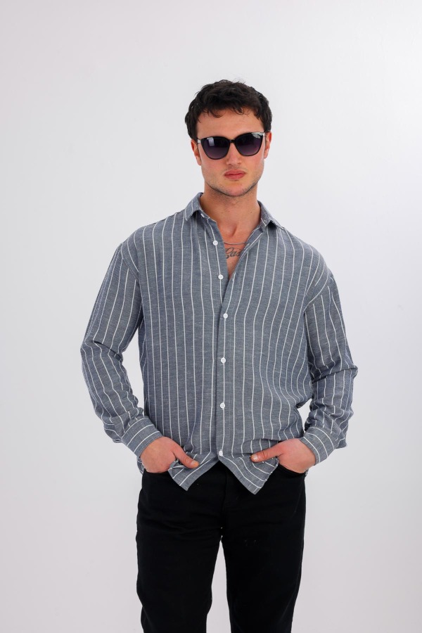 ALBUS Uzun Kollu Çizgili Gömlek - Antrasit - Decas (1)