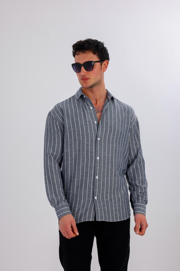 ALBUS Uzun Kollu Çizgili Gömlek - Antrasit - Decas