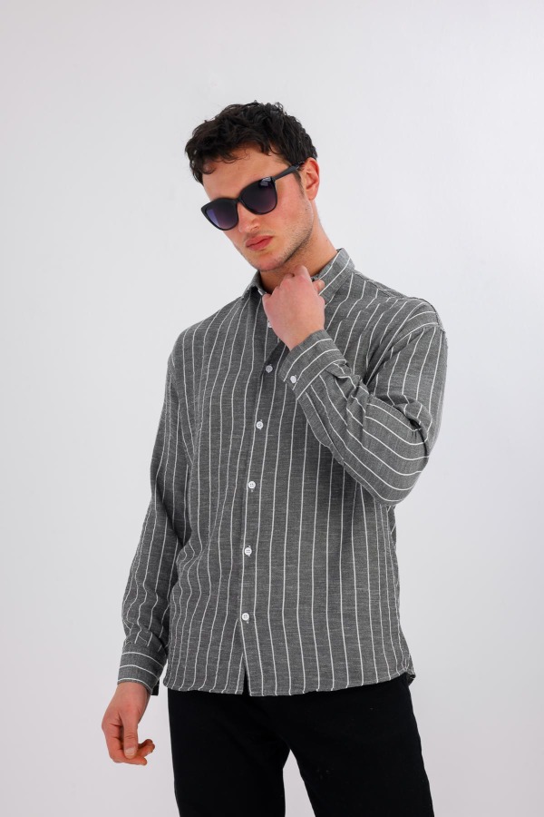ALBUS Uzun Kollu Çizgili Gömlek - Füme - Decas