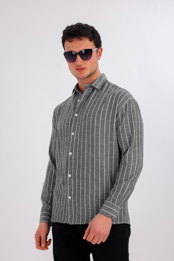 ALBUS Uzun Kollu Çizgili Gömlek - Füme - Decas (1)