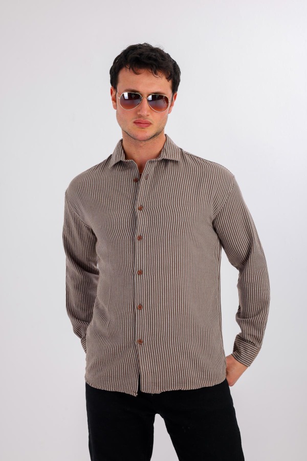 ALTARIS Uzun Kollu Çizgili Gömlek - Kahverengi - Decas (1)