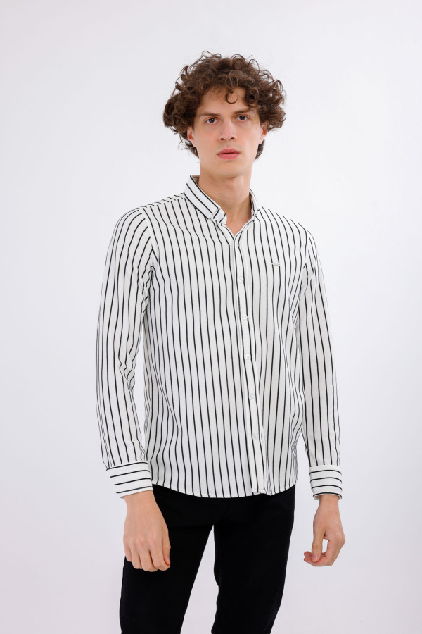 AUDERE Uzun Kollu Çizgili Gömlek - Beyaz - Decas