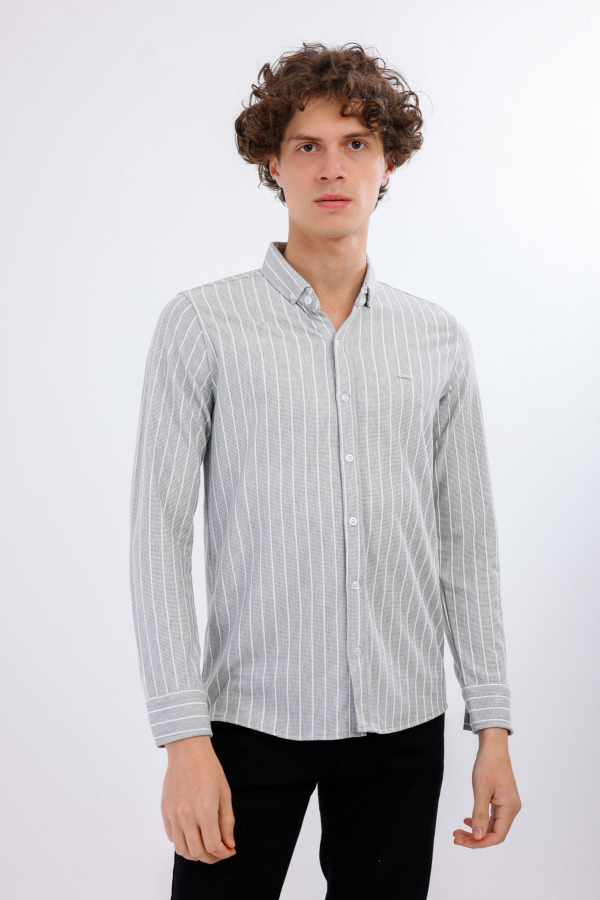 AUDERE Uzun Kollu Çizgili Gömlek - Gri - Decas (1)