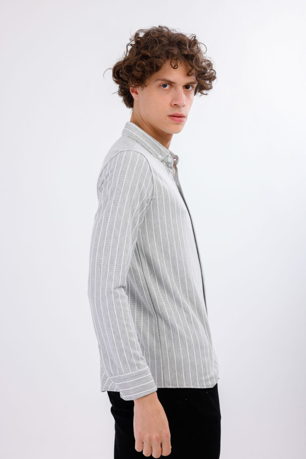 AUDERE Uzun Kollu Çizgili Gömlek - Gri - Decas