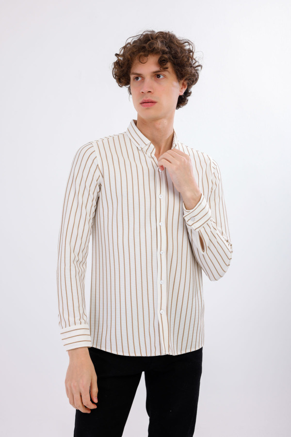AUDERE Uzun Kollu Çizgili Gömlek - Taba - Decas