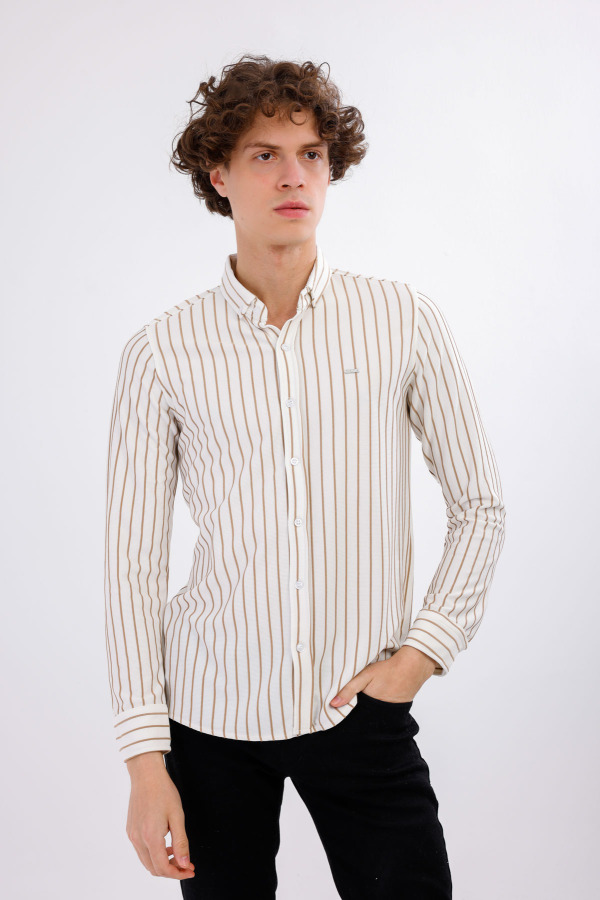 AUDERE Uzun Kollu Çizgili Gömlek - Taba - Decas (1)