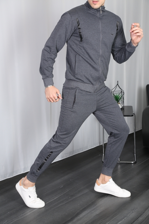 Erkek Dik Yaka Fermuarlı Eşofman Takım - Füme - Decas