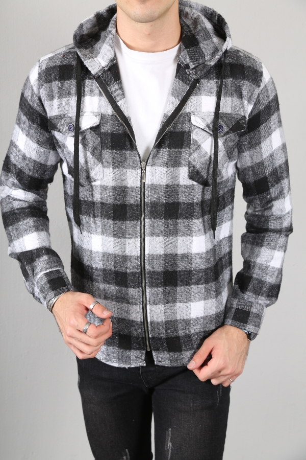 Erkek Fermuarlı Kapüşonlu Oduncu Gömlek - Füme-Beyaz - Decas (1)