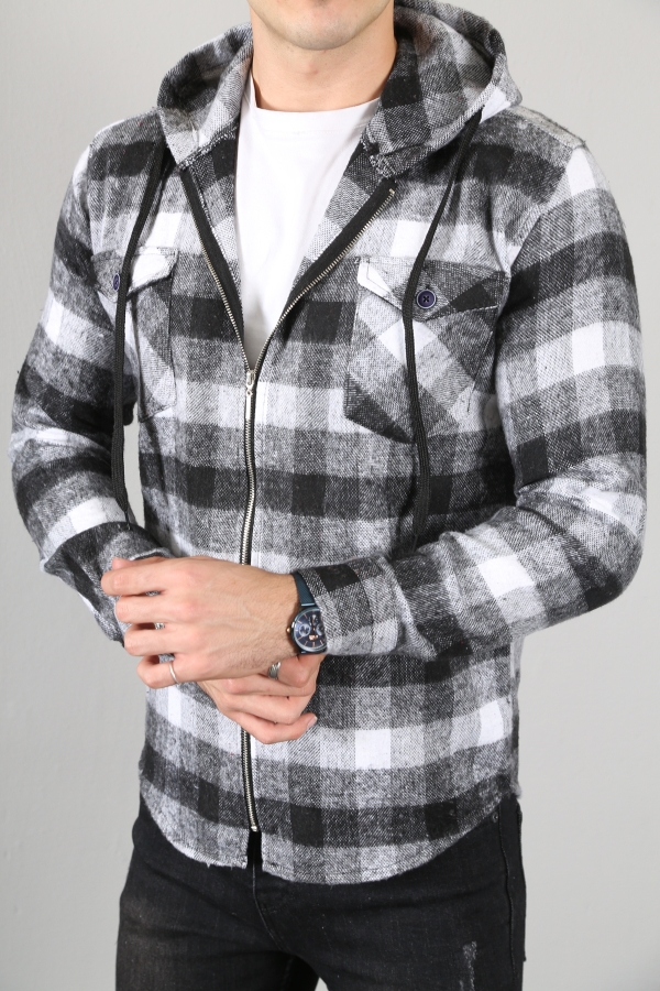 Erkek Fermuarlı Kapüşonlu Oduncu Gömlek - Füme-Beyaz 