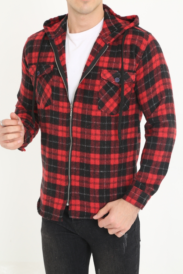 Erkek Fermuarlı Kapüşonlu Oduncu Gömlek - Kırmızı-Siyah - Decas