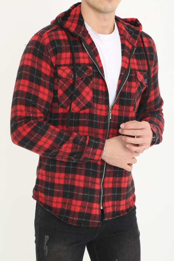 Erkek Fermuarlı Kapüşonlu Oduncu Gömlek - Kırmızı-Siyah - Decas (1)