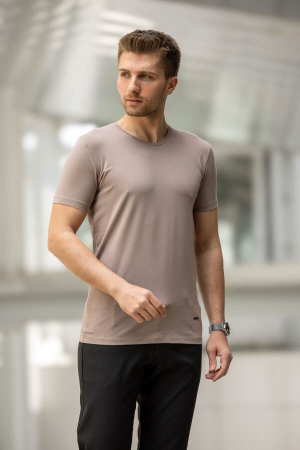 GASOLİNE Slim Fit Bisiklet Yaka Pamuklu Tişört - Bej 