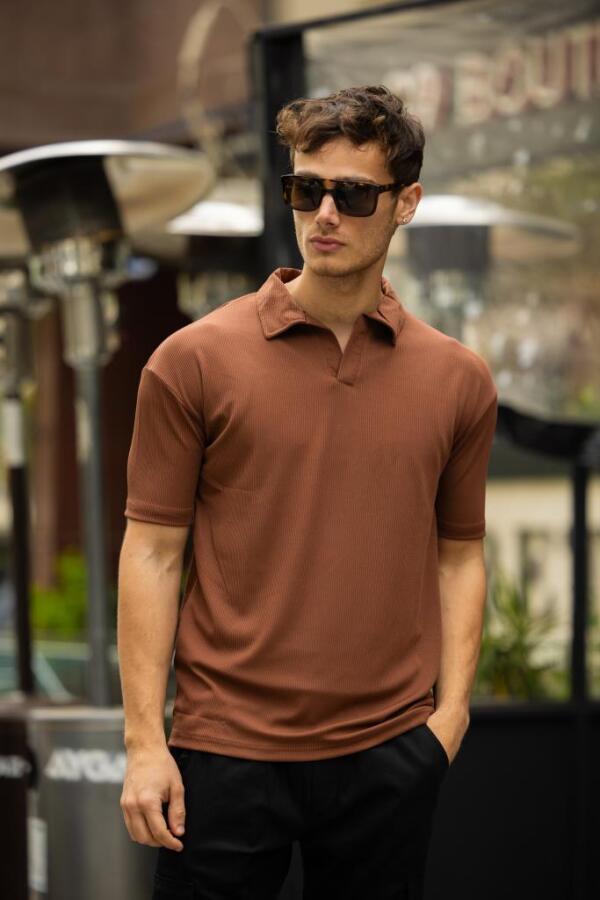 GLASSES V Yaka Oversize Fitilli T-Shirt - Kahve 