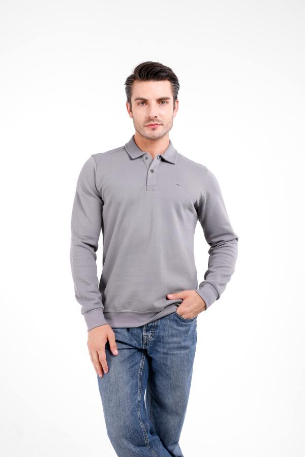 FOV Yaka Düğmeli Uzun Kol Polo Kazak - Gri - Decas (1)