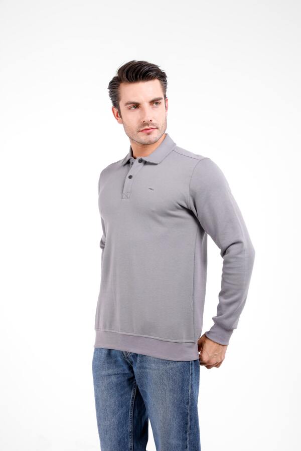 FOV Yaka Düğmeli Uzun Kol Polo Kazak - Gri - Decas