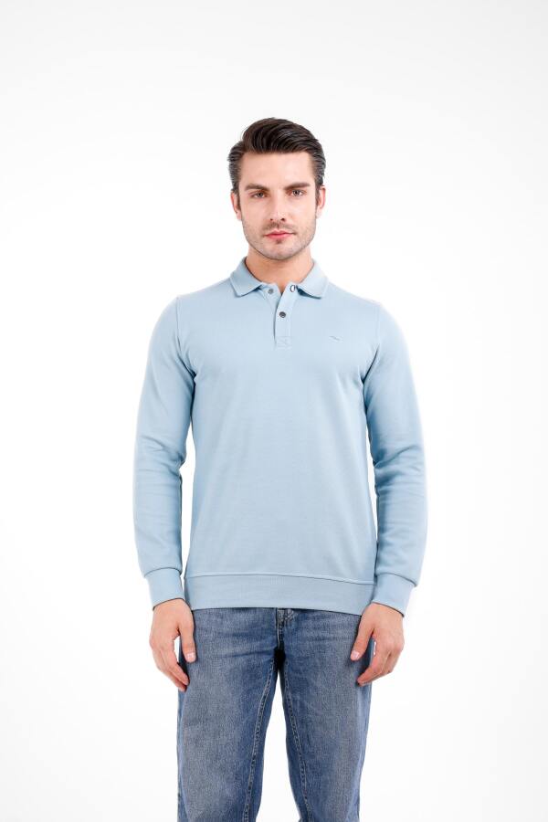 FOV Yaka Düğmeli Uzun Kol Polo Kazak - Mavi - Decas