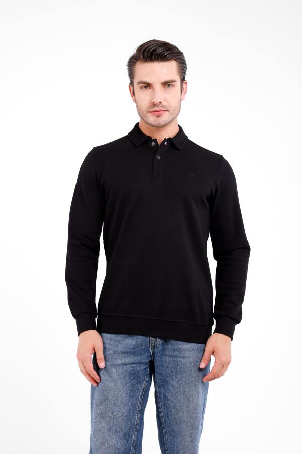 FOV Yaka Düğmeli Uzun Kol Polo Kazak - Siyah - Decas