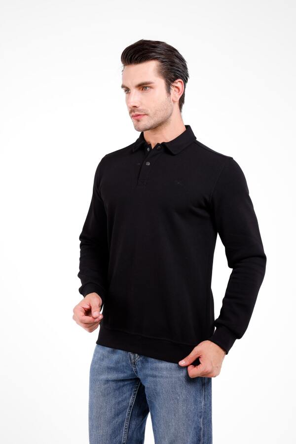 FOV Yaka Düğmeli Uzun Kol Polo Kazak - Siyah - Decas (1)