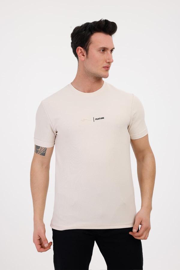 FUTURE Bisiklet Yaka Pamuklu Tişört - Bej - Decas