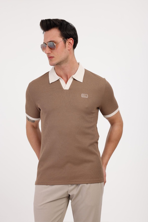 GALAXY Polo Yaka Pamuklu Tişört - Kahverengi - Decas