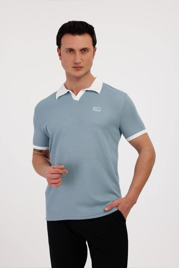 GALAXY Polo Yaka Pamuklu Tişört - Mavi - Decas