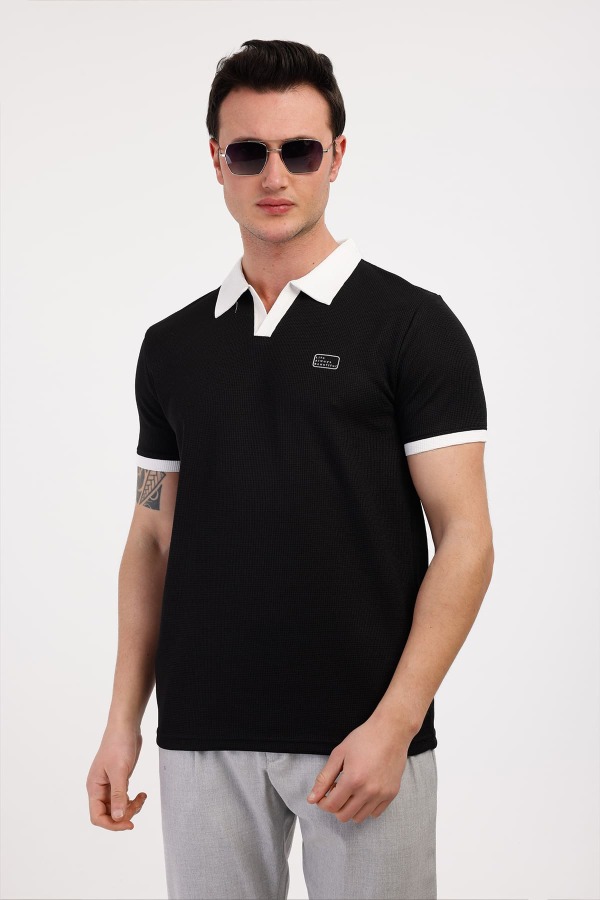 GALAXY Polo Yaka Pamuklu Tişört - Siyah - Decas (1)