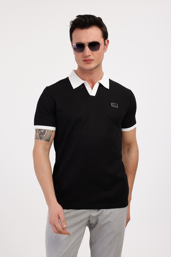GALAXY Polo Yaka Pamuklu Tişört - Siyah - Decas