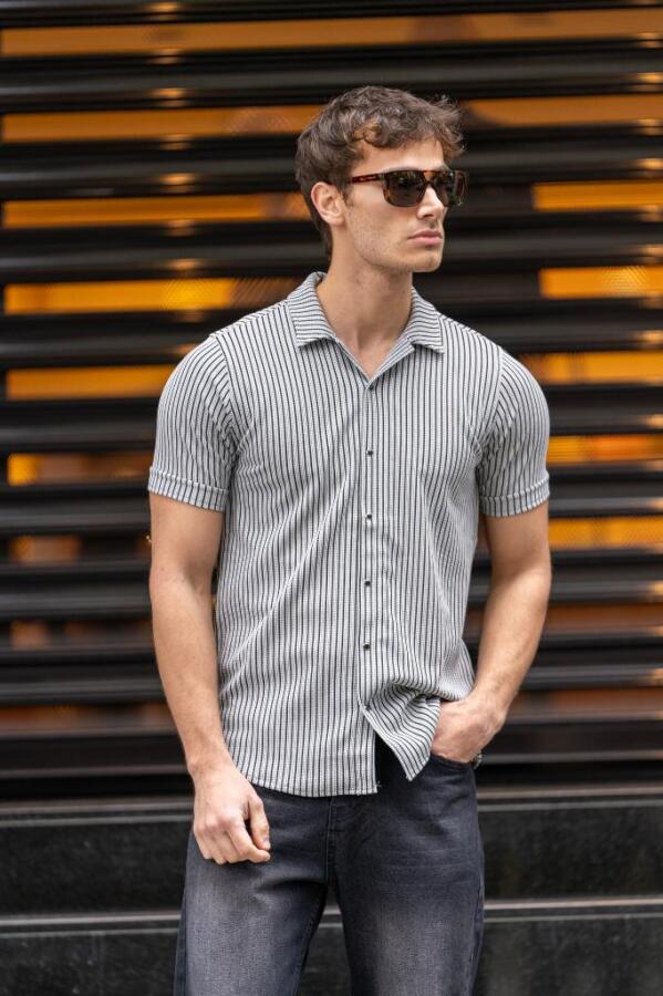 GEAR Apaç Yaka Çıtçıt Düğme Slim Gömlek - Füme - Decas