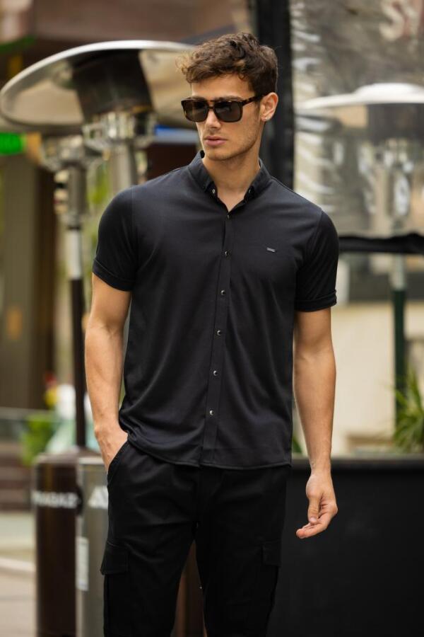 GLOVES Çıtçıt Düğme Slim Gömlek - Siyah - Decas (1)