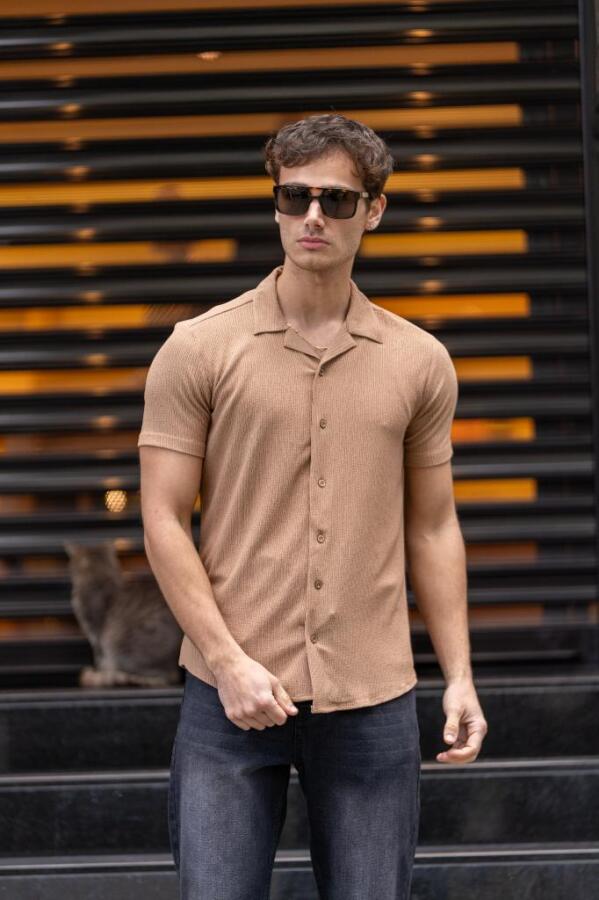 GRİLL Apaç Yaka Düğmeli Slim Fit Gömlek - Bej - Decas