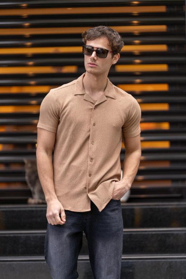 GRİLL Apaç Yaka Düğmeli Slim Fit Gömlek - Bej - Decas (1)