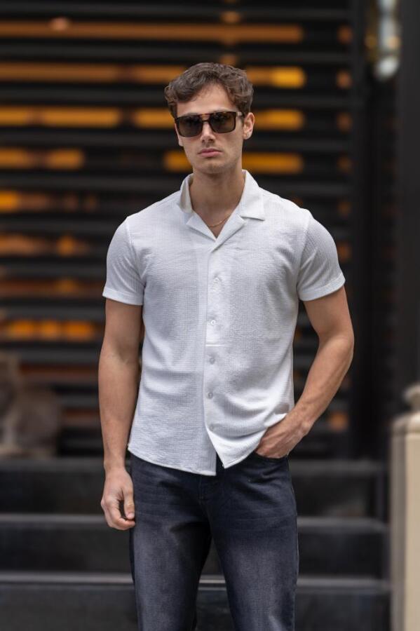 GRİLL Apaç Yaka Düğmeli Slim Fit Gömlek - Beyaz - Decas