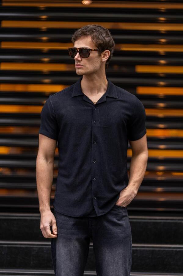 GRİLL Apaç Yaka Düğmeli Slim Fit Gömlek - Siyah - Decas