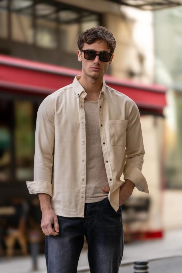 GRİNDER Çıtçıt Cepli Düğmeli Slim Fit Gömlek - Bej - Decas