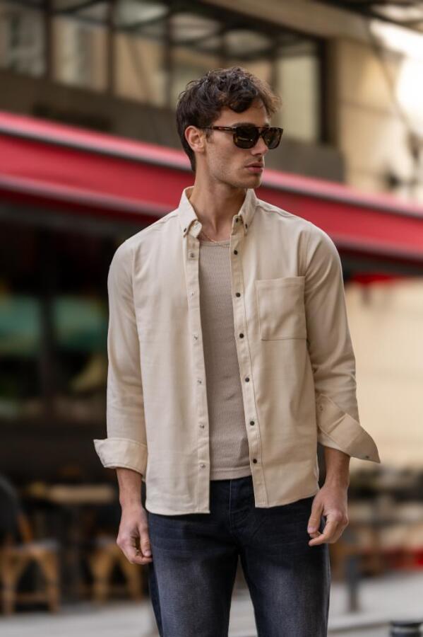 GRİNDER Çıtçıt Cepli Düğmeli Slim Fit Gömlek - Bej - Decas (1)