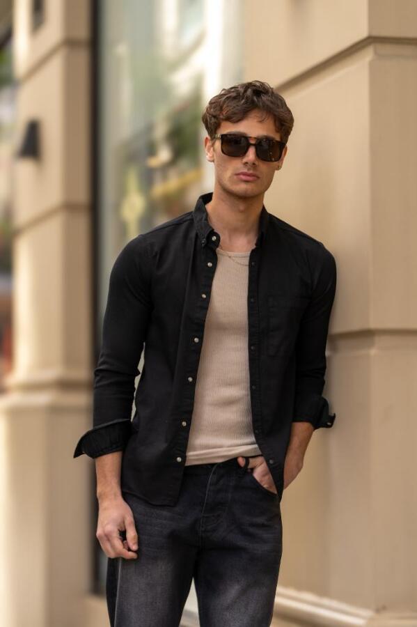 GRİNDER Çıtçıt Cepli Düğmeli Slim Fit Gömlek - Siyah - Decas