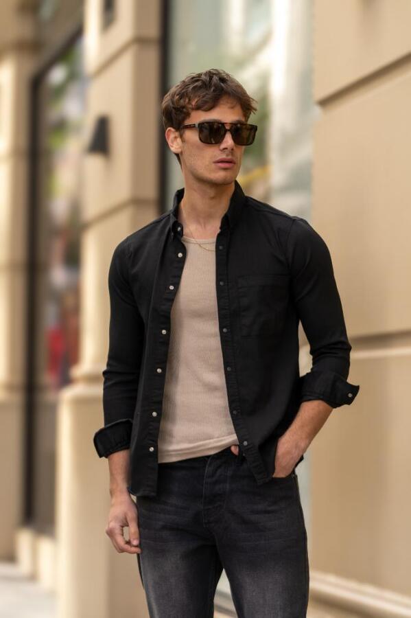 GRİNDER Çıtçıt Cepli Düğmeli Slim Fit Gömlek - Siyah - Decas (1)