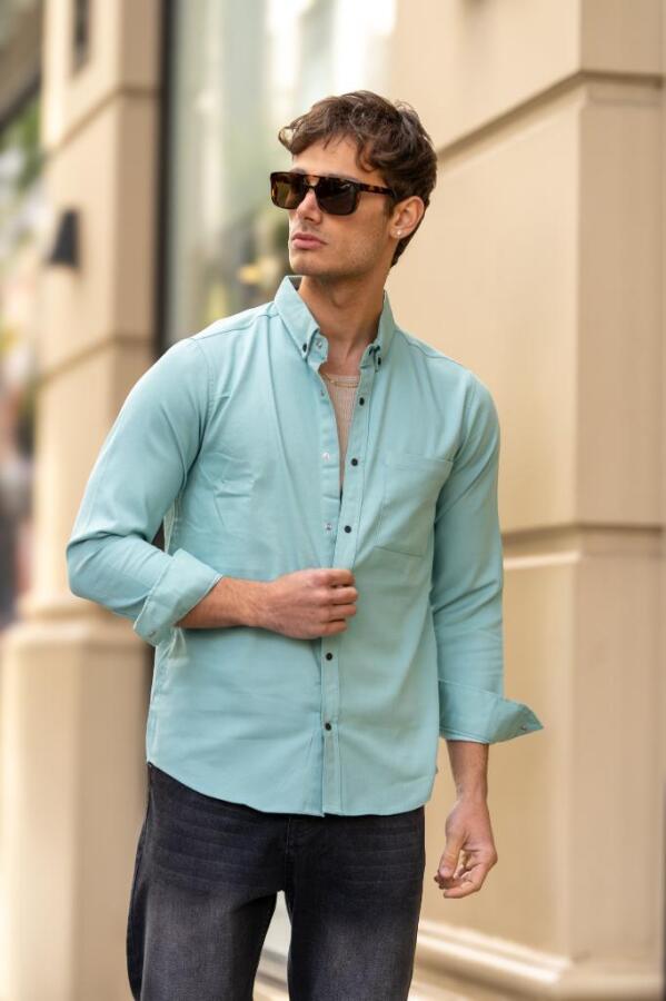 GRİNDER Çıtçıt Cepli Düğmeli Slim Fit Gömlek - Su Yeşili - Decas