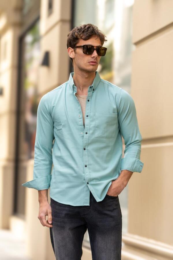 GRİNDER Çıtçıt Cepli Düğmeli Slim Fit Gömlek - Su Yeşili - Decas (1)