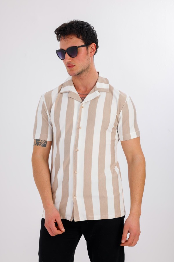 Lucida Kısa Kollu Çizgili Gömlek - Krem - Decas