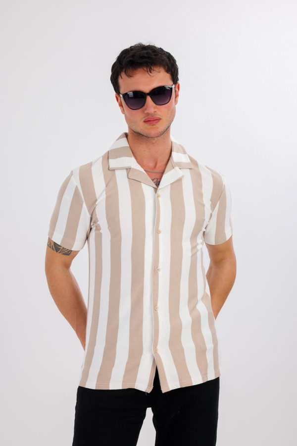 Lucida Kısa Kollu Çizgili Gömlek - Krem - Decas (1)