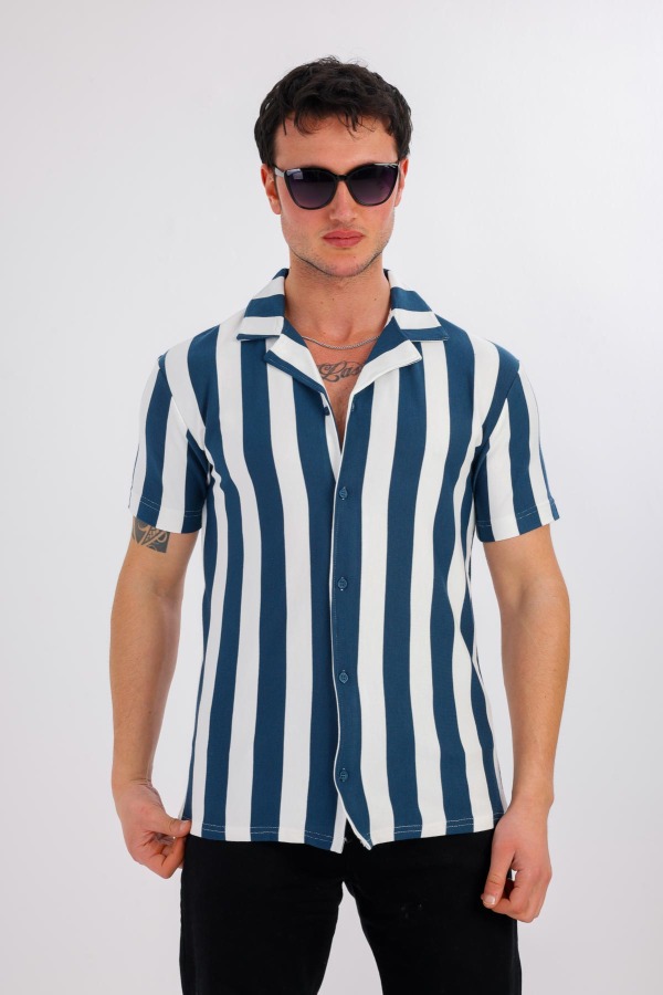 Lucida Kısa Kollu Çizgili Gömlek - Lacivert - Decas