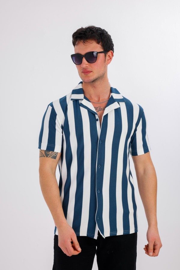 Lucida Kısa Kollu Çizgili Gömlek - Lacivert - Decas (1)