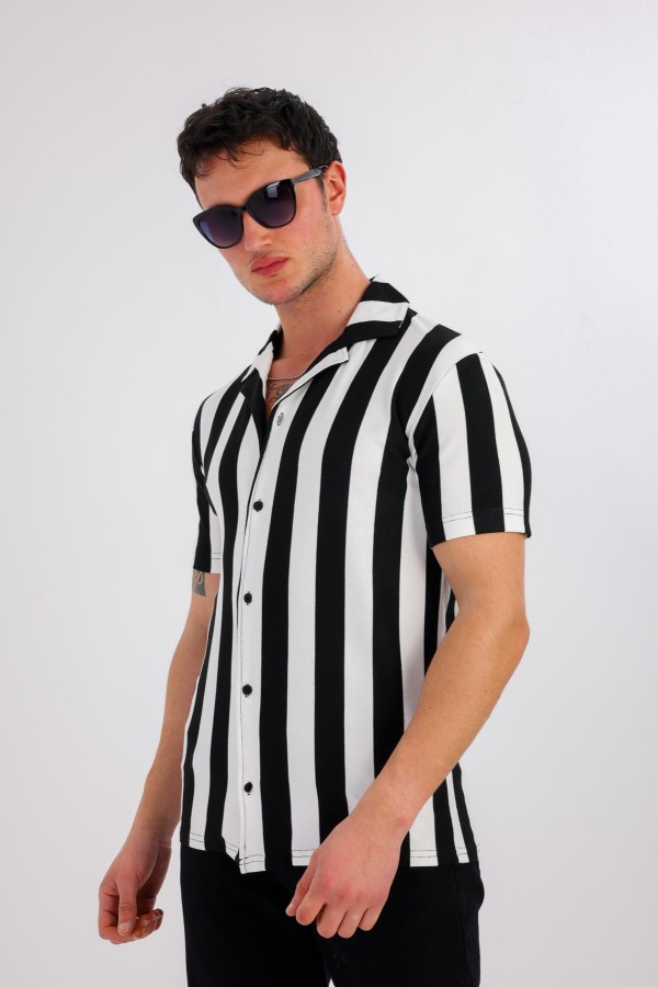 Lucida Kısa Kollu Çizgili Gömlek - Siyah - Decas