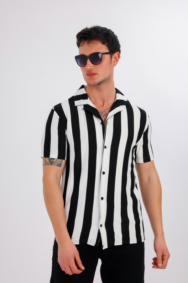 Lucida Kısa Kollu Çizgili Gömlek - Siyah - Decas (1)