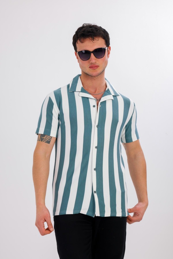 Lucida Kısa Kollu Çizgili Gömlek - Yeşil - Decas