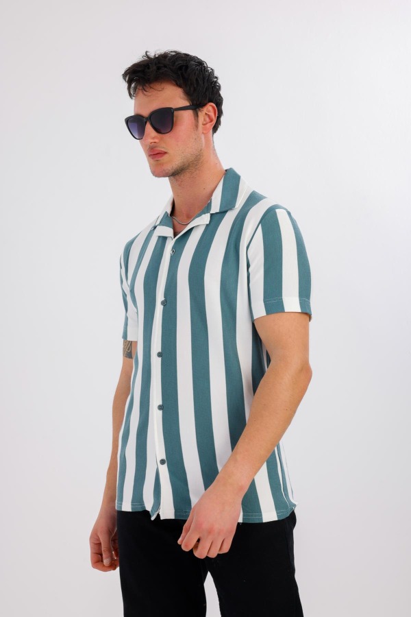 Lucida Kısa Kollu Çizgili Gömlek - Yeşil - Decas (1)