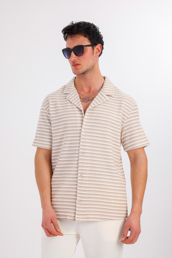 LUMERIS Kısa Kollu Çizgili Gömlek - Krem - Decas (1)