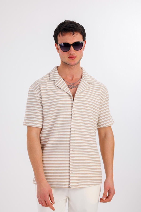 LUMERIS Kısa Kollu Çizgili Gömlek - Krem - Decas