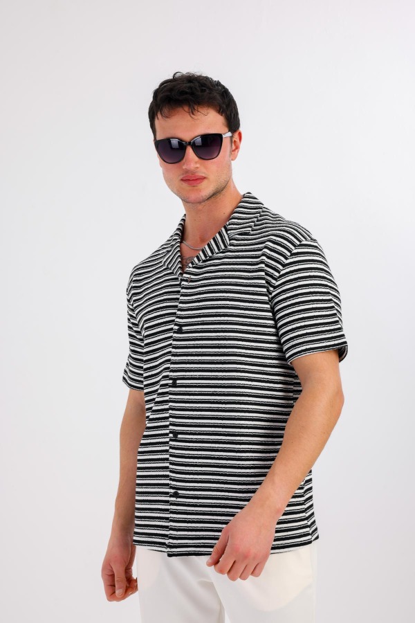 LUMERIS Kısa Kollu Çizgili Gömlek - Siyah - Decas (1)